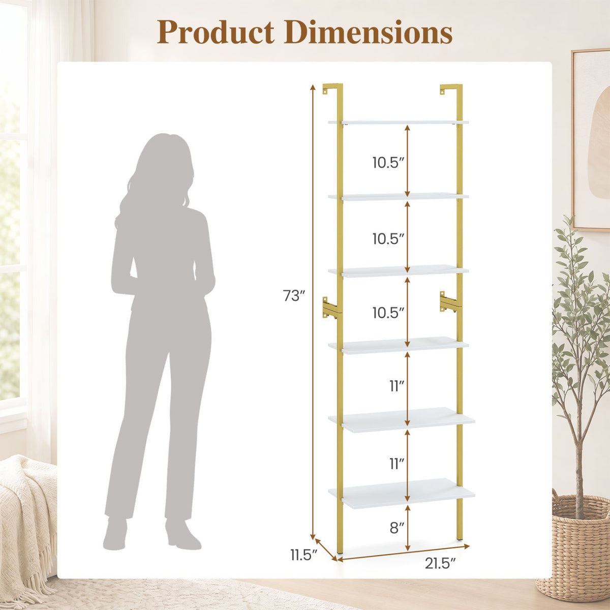 6-Tier Freestanding ladder Storage bookshelf with Metal Frame for Study and Pantry-White view 4