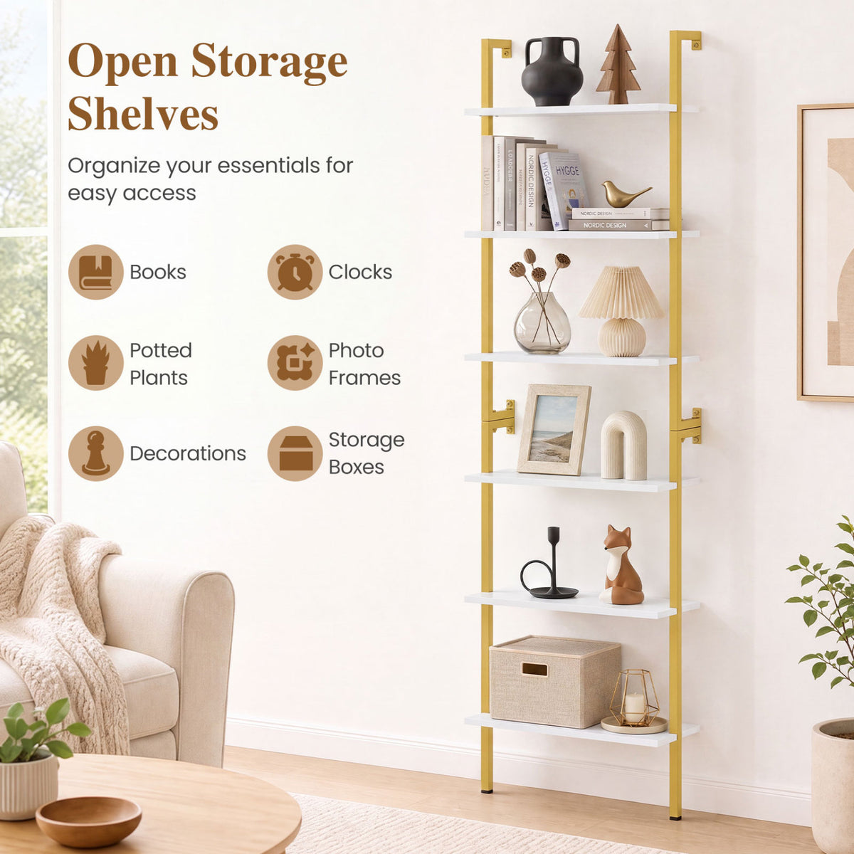 6-Tier Freestanding ladder Storage bookshelf with Metal Frame for Study and Pantry-White view 5