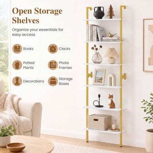 6-Tier Freestanding ladder Storage bookshelf with Metal Frame for Study and Pantry-White view 5