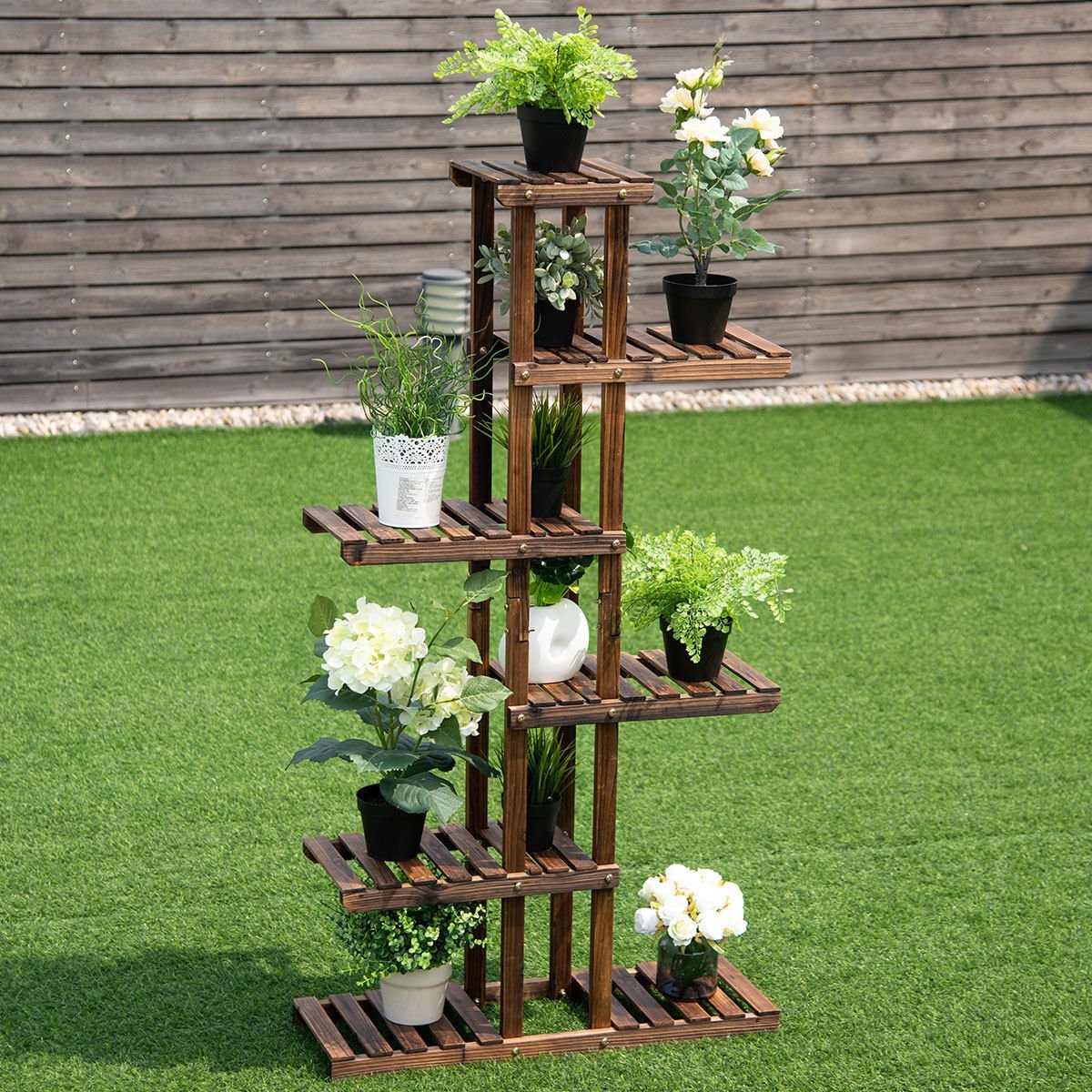 6 Tier Garden Wooden Shelf Storage Plant Rack Stand view 2