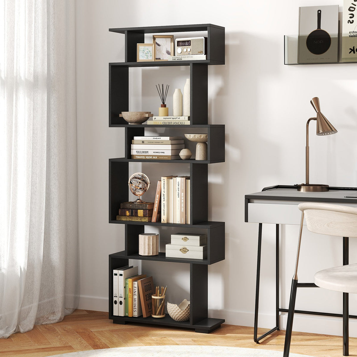 6-Tier Geometric Bookshelf with 2 Anti-Tipping Kits for Home Office-Black view 2