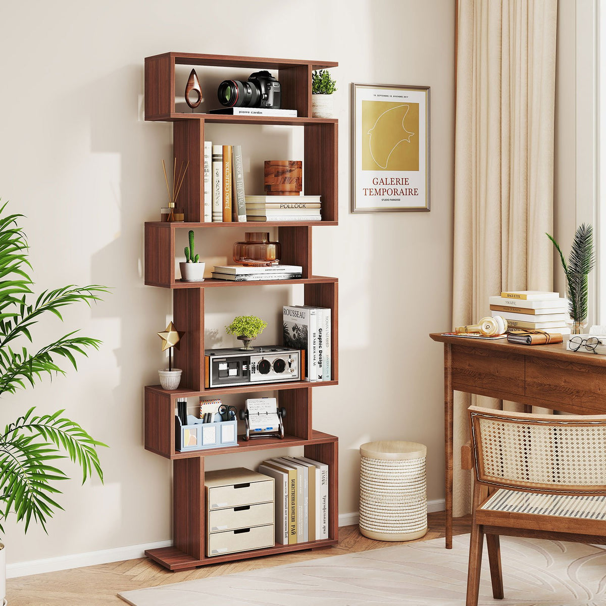 6-Tier Geometric Bookshelf with 2 Anti-Tipping Kits for Home Office-Walnut view 3