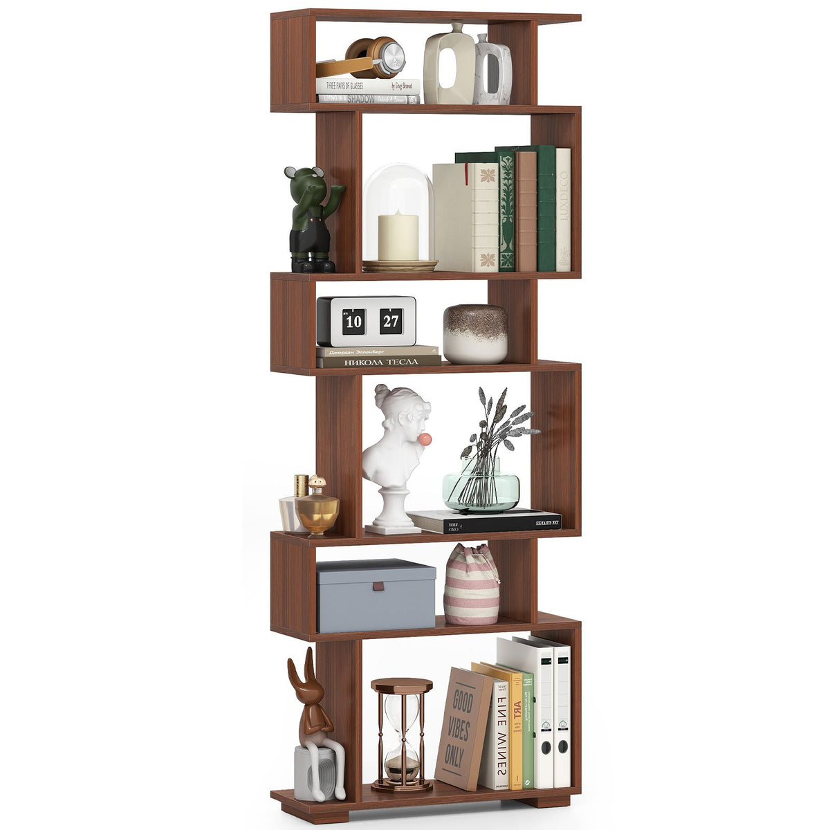 6-Tier Geometric Bookshelf with 2 Anti-Tipping Kits for Home Office-Walnut view 4