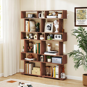 6-Tier Geometric Bookshelf with 2 Anti-Tipping Kits for Home Office-Walnut view 6