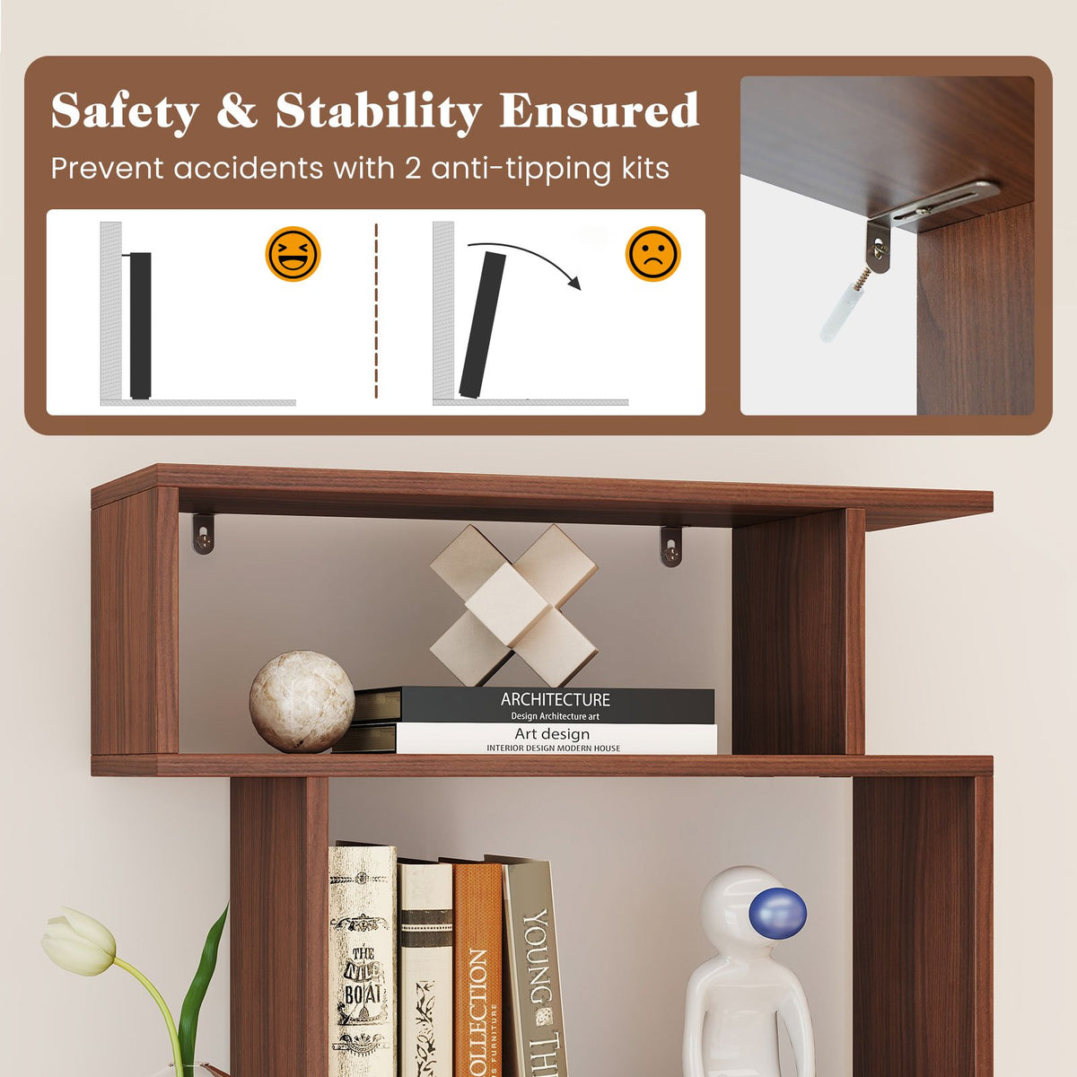 6-Tier Geometric Bookshelf with 2 Anti-Tipping Kits for Home Office-Walnut view 8