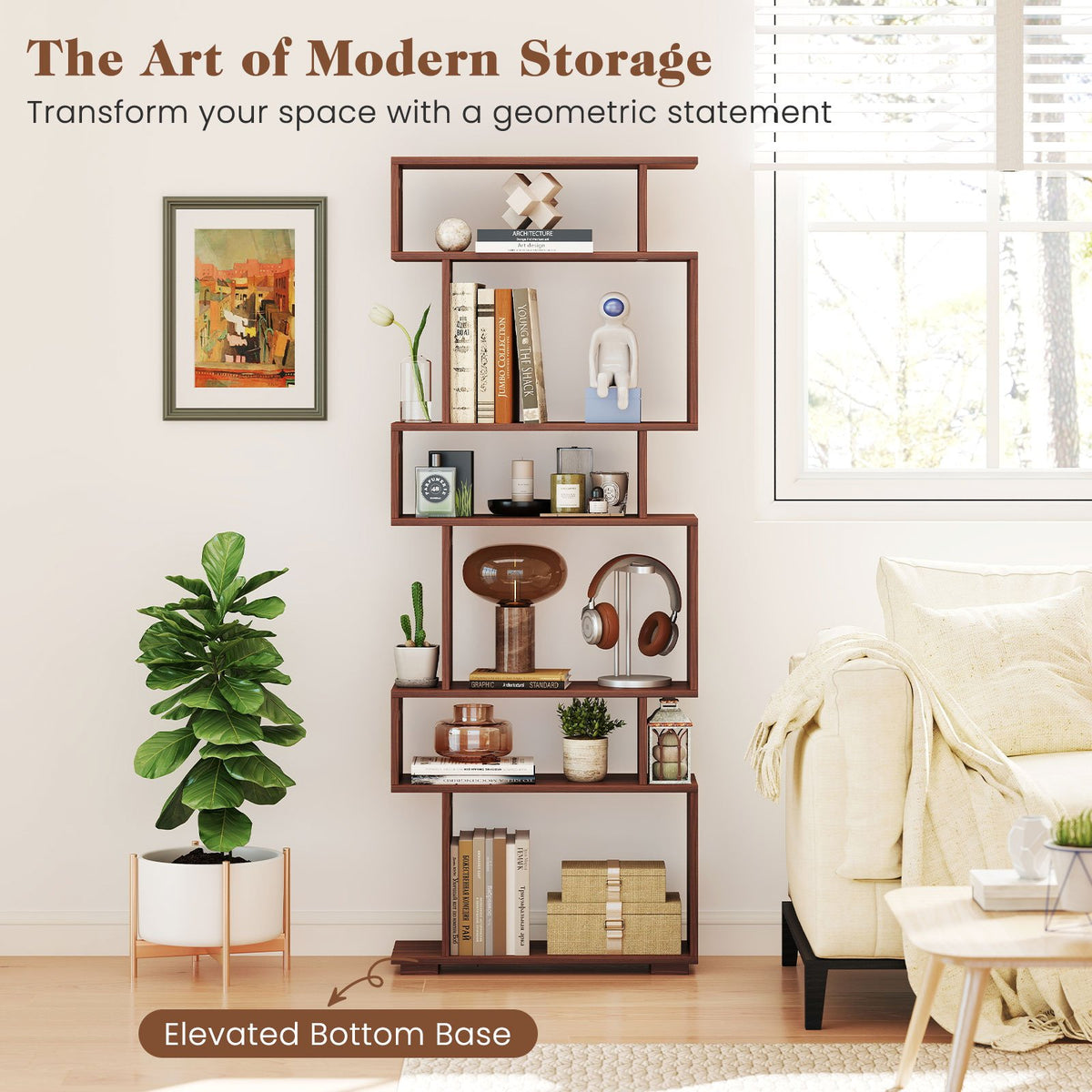 6-Tier Geometric Bookshelf with 2 Anti-Tipping Kits for Home Office-Walnut view 9