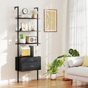 6-Tier Ladder Bookcase with 2 Drawers and Metal Frame-Black view 2