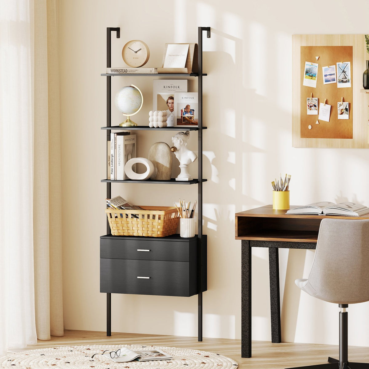 6-Tier Ladder Bookcase with 2 Drawers and Metal Frame-Black view 3