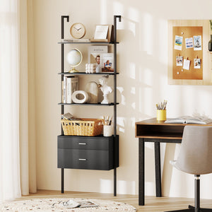 6-Tier Ladder Bookcase with 2 Drawers and Metal Frame-Black view 3