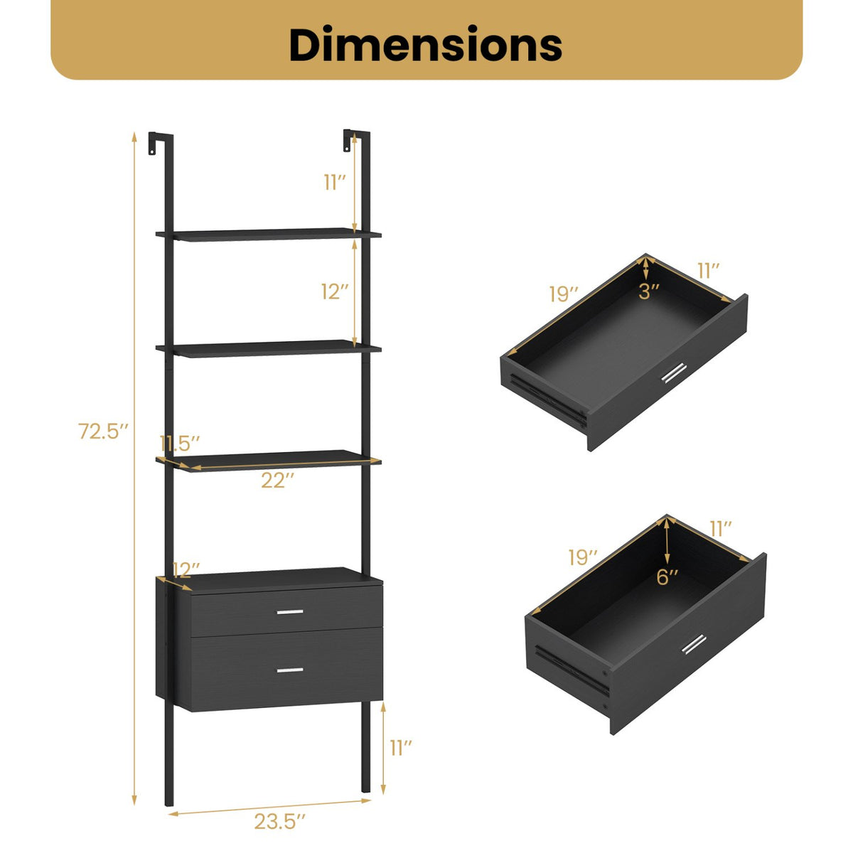 6-Tier Ladder Bookcase with 2 Drawers and Metal Frame-Black view 5
