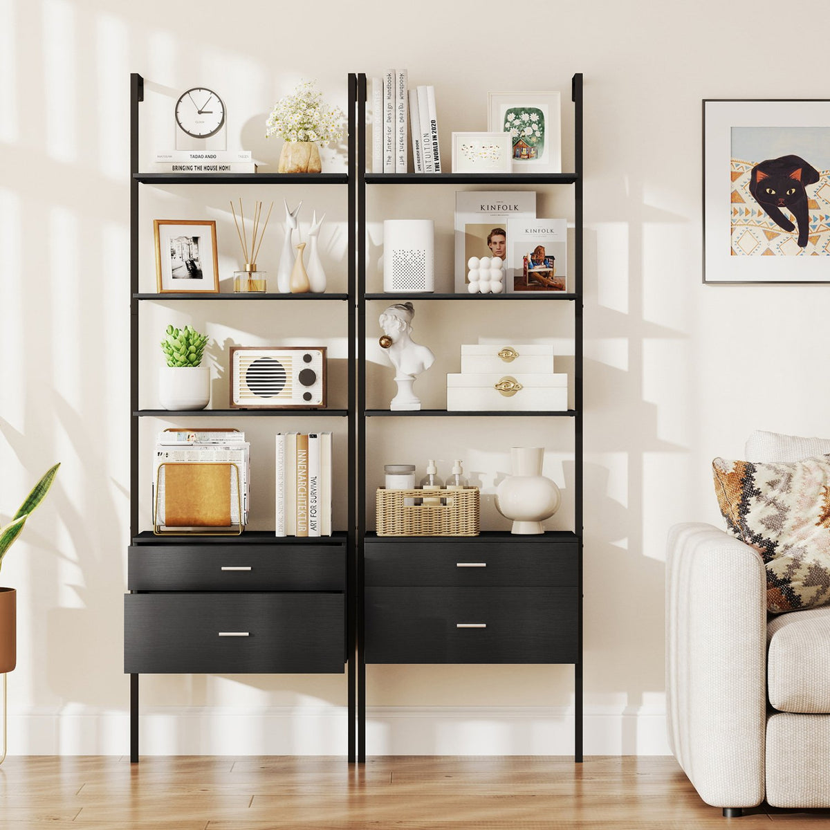 6-Tier Ladder Bookcase with 2 Drawers and Metal Frame-Black view 6