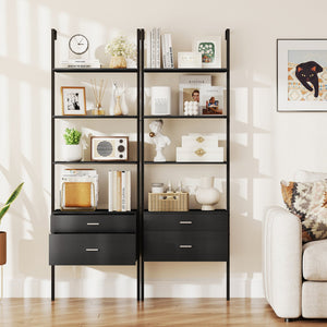 6-Tier Ladder Bookcase with 2 Drawers and Metal Frame-Black view 6