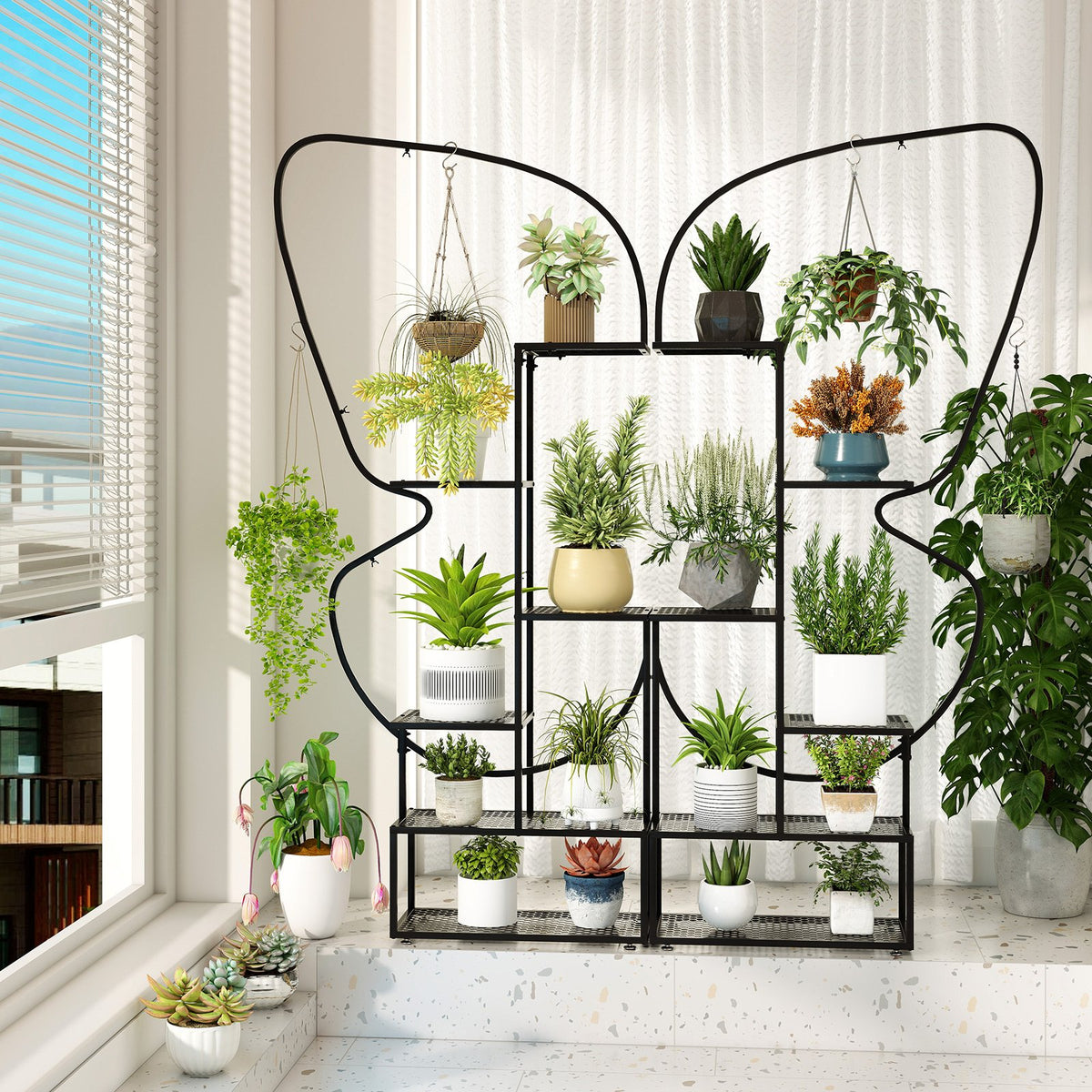 6-Tier Metal Plant Stand Ladder Display Rack with Hanging Hooks-Black view 3
