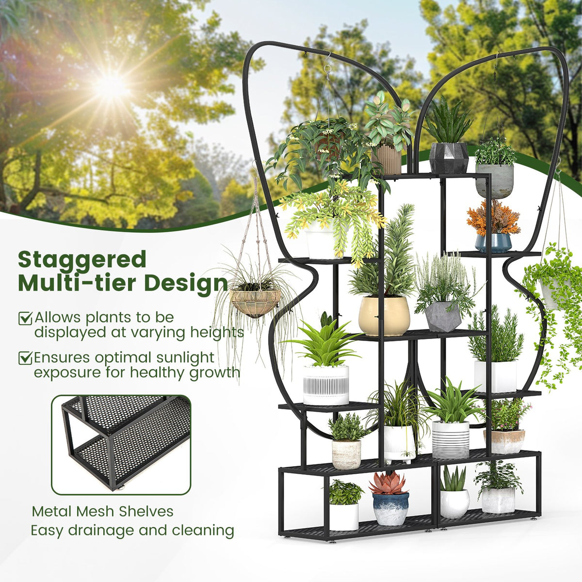 6-Tier Metal Plant Stand Ladder Display Rack with Hanging Hooks-Black view 7
