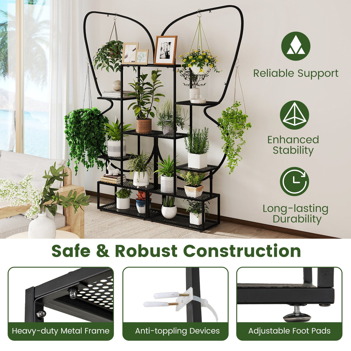 6-Tier Metal Plant Stand Ladder Display Rack with Hanging Hooks-Black view 8