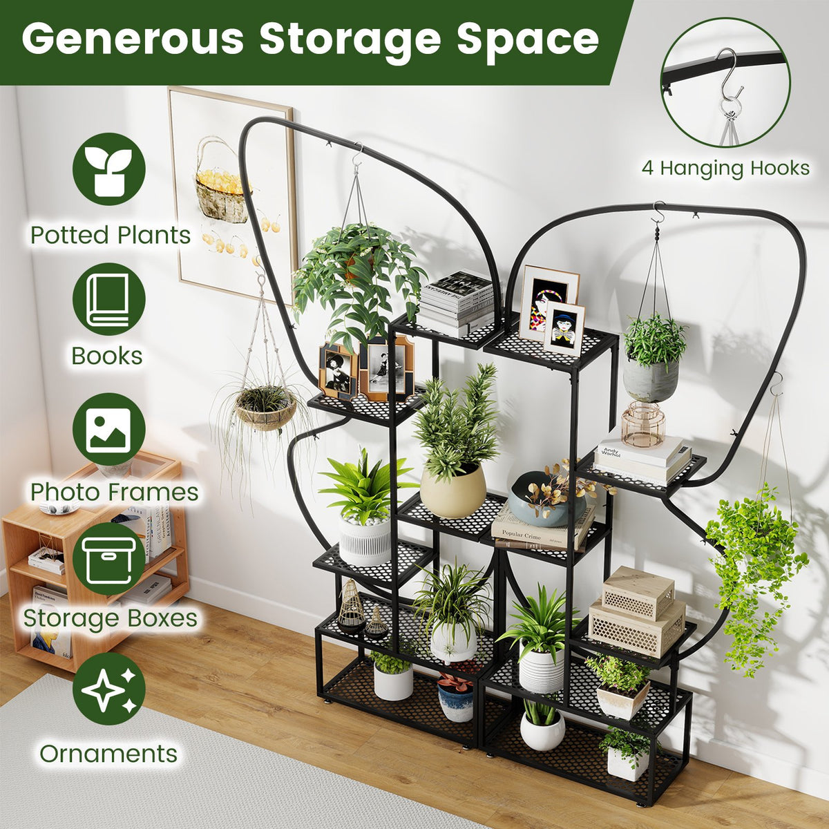 6-Tier Metal Plant Stand Ladder Display Rack with Hanging Hooks-Black view 9