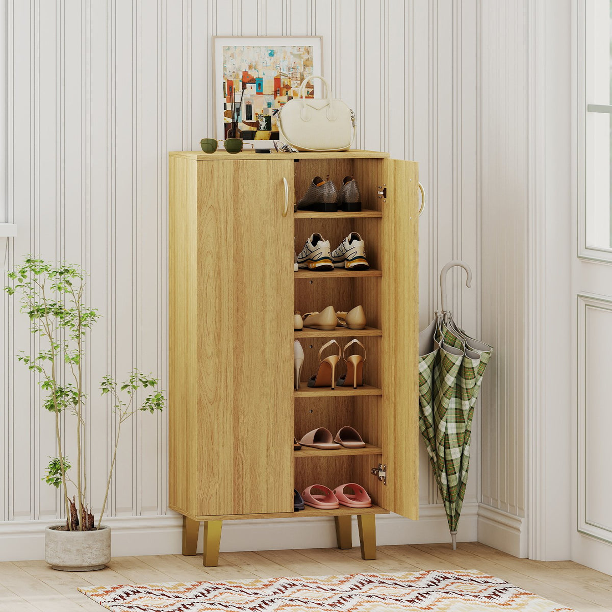 6-Tier Modern Freestanding Wooden Shoe Cabinet with Doors and Removable Shelves-Oak view 2