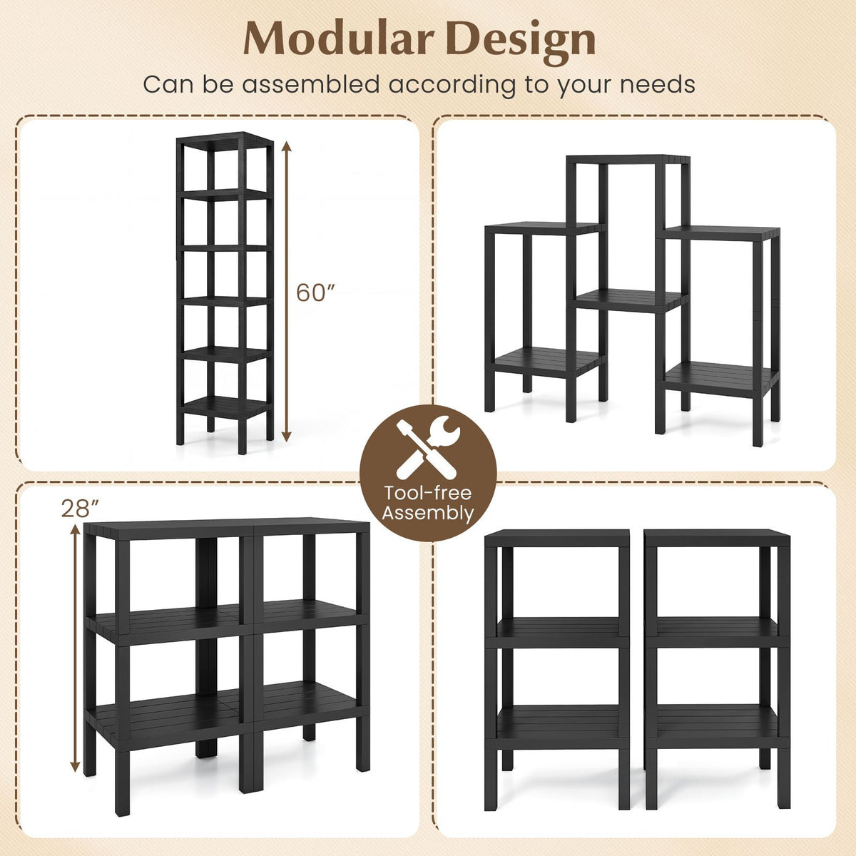 6-Tier Plastic Modular Storage Shelves for Living Room and Kitchen-Black view 9