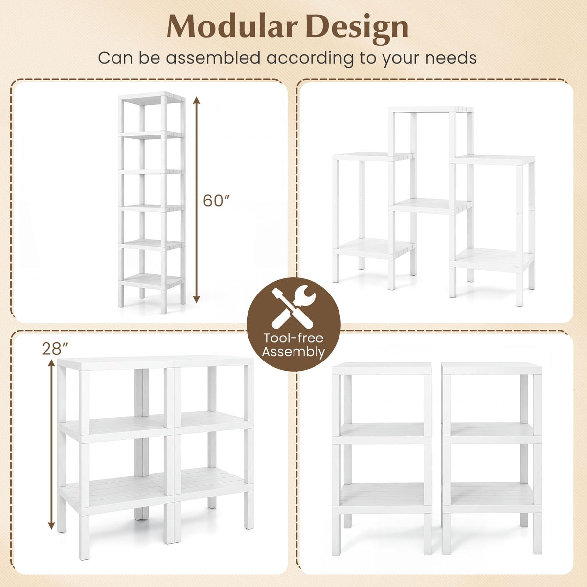 6-Tier Plastic Modular Storage Shelves for Living Room and Kitchen-White view 9