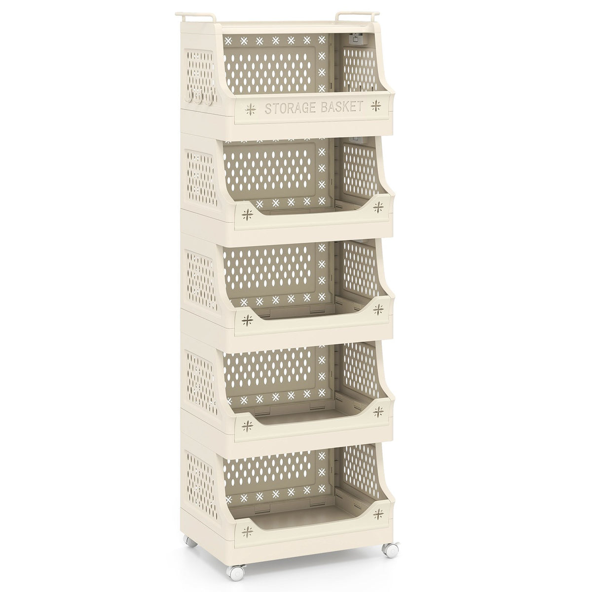 6-Tier Rolling Laundry Basket with Wheels Plastic Storage Cart with Side Hooks