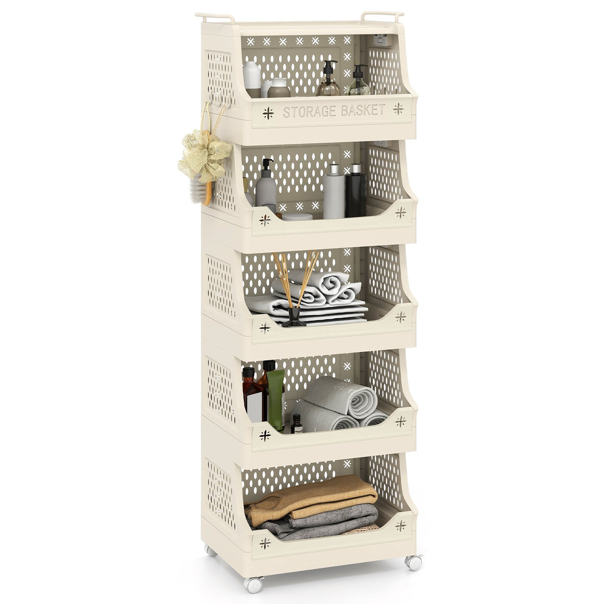 6-Tier Rolling Laundry Basket with Wheels Plastic Storage Cart with Side Hooks view 4