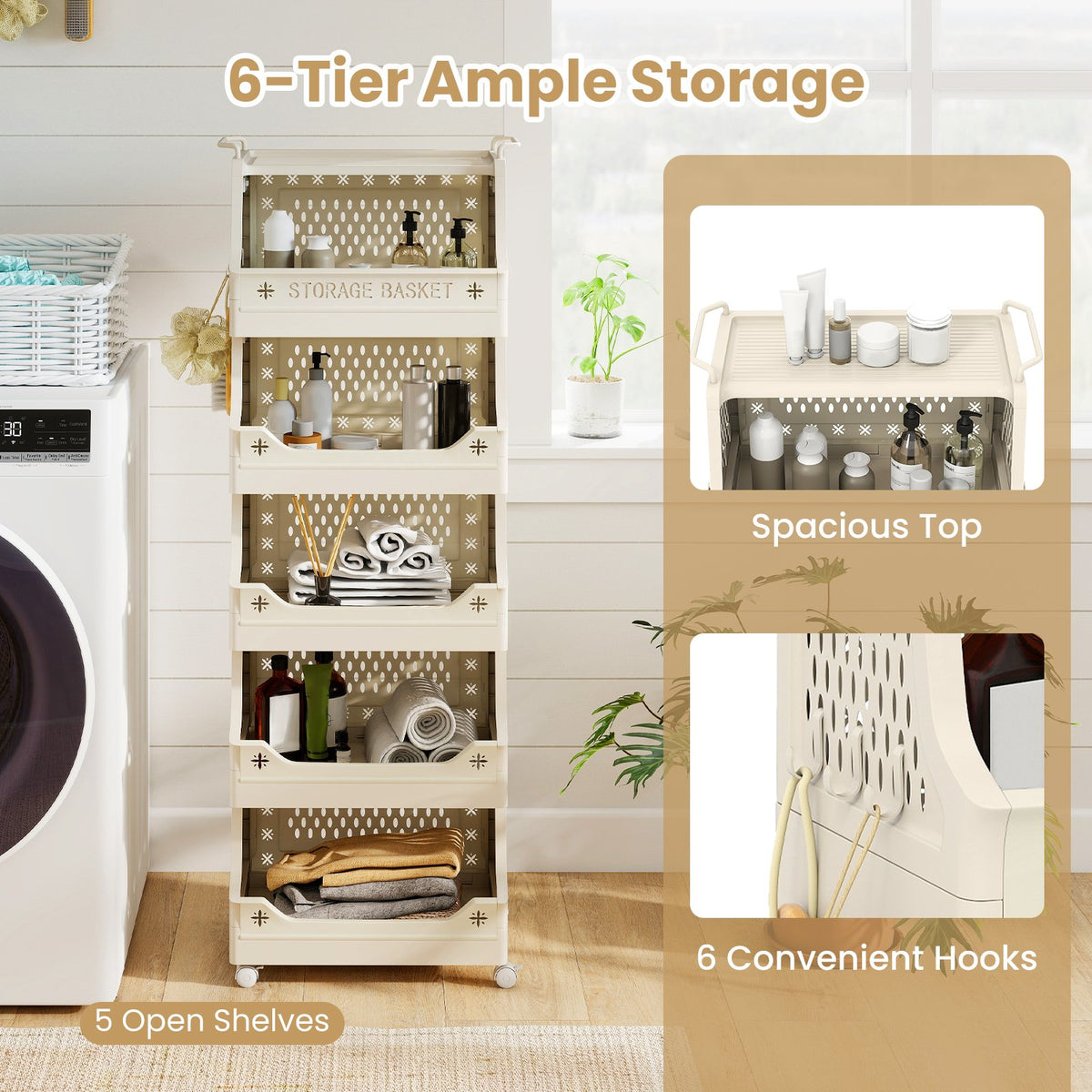 6-Tier Rolling Laundry Basket with Wheels Plastic Storage Cart with Side Hooks view 6