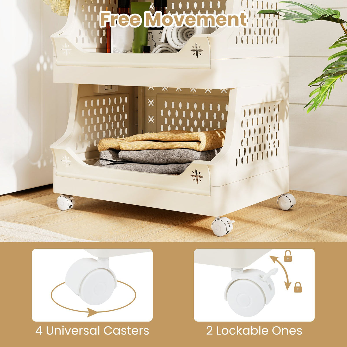 6-Tier Rolling Laundry Basket with Wheels Plastic Storage Cart with Side Hooks view 8