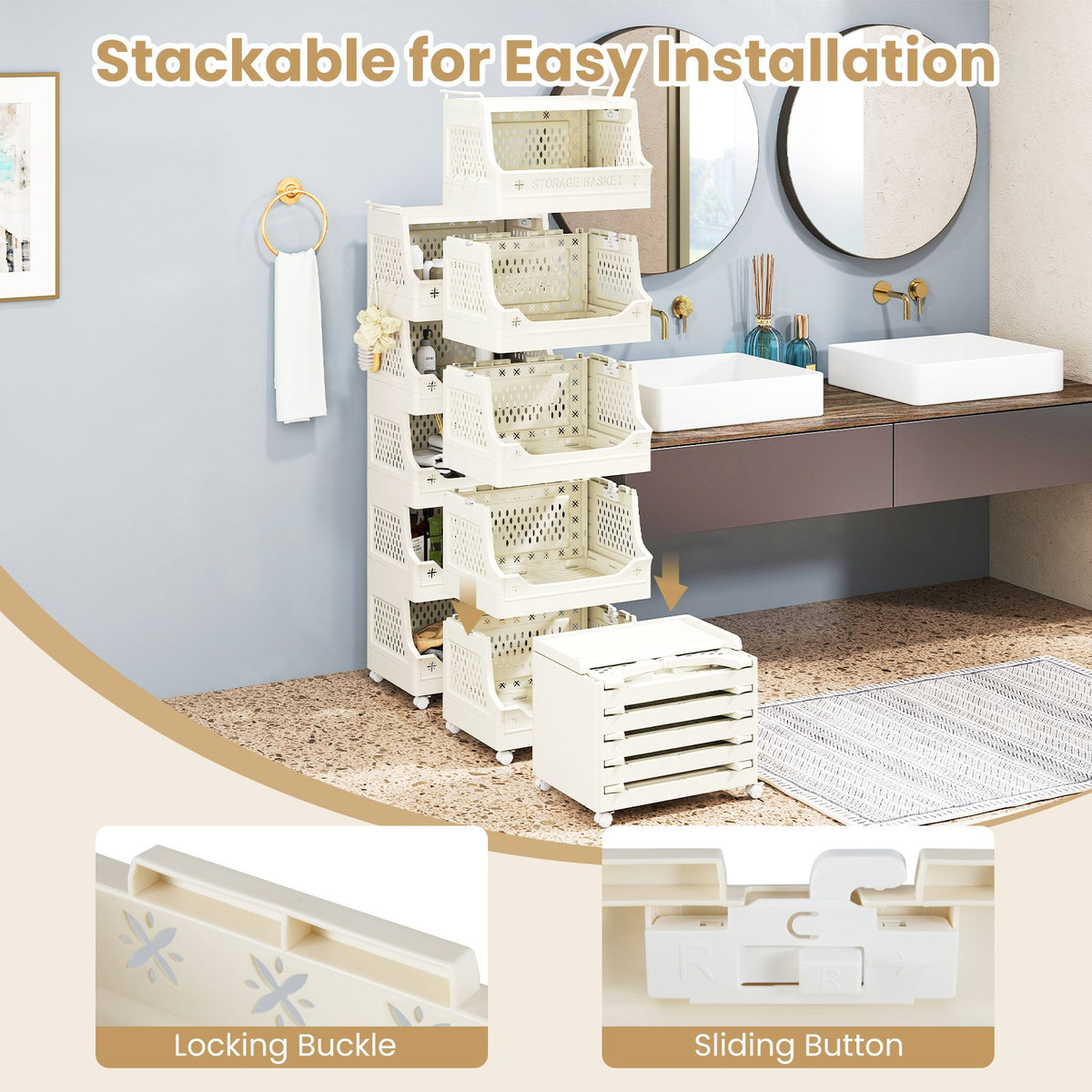 6-Tier Rolling Laundry Basket with Wheels Plastic Storage Cart with Side Hooks view 9