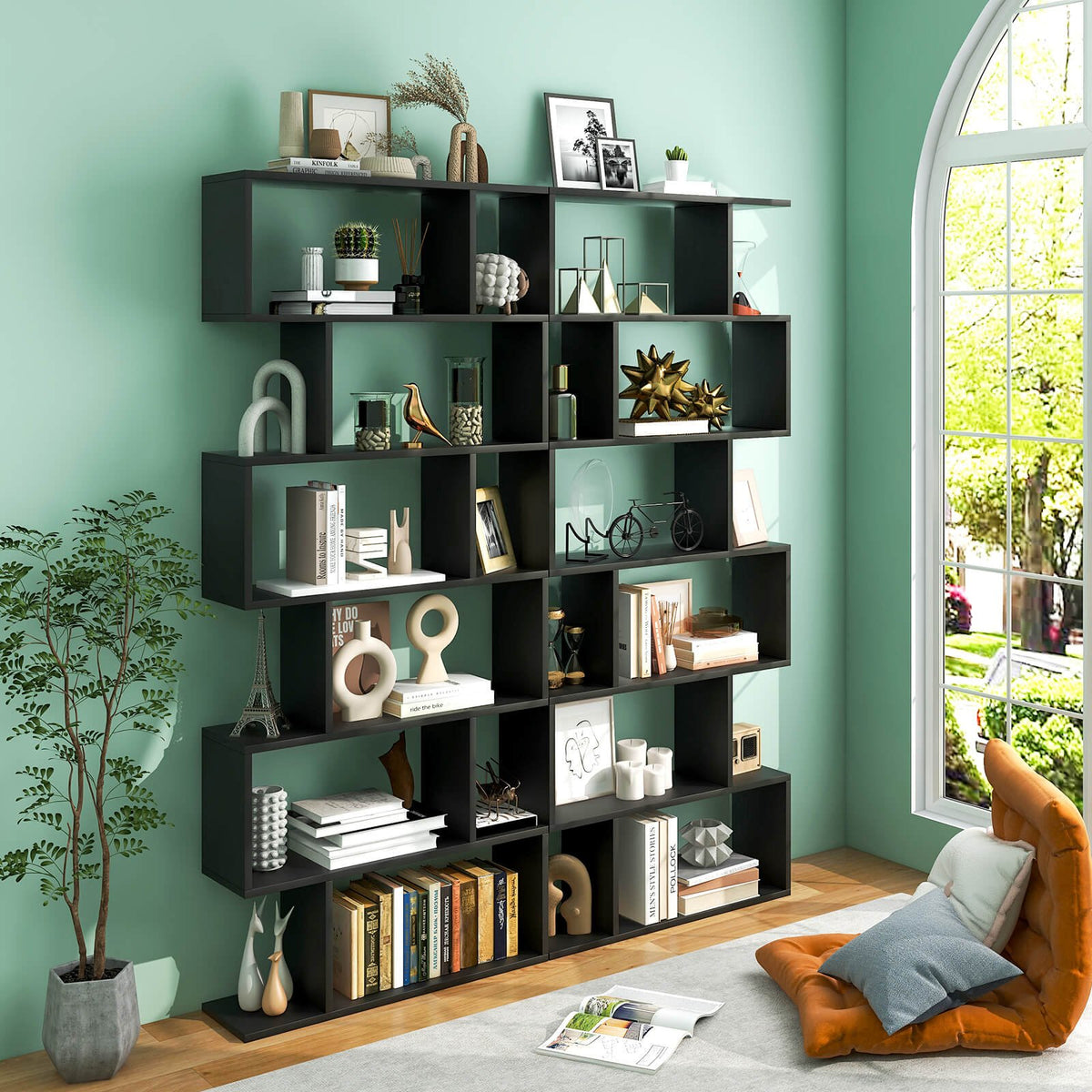 6 Tier S-Shaped Bookshelf Storage Display Bookcase Decor Z-Shelf-Black view 2