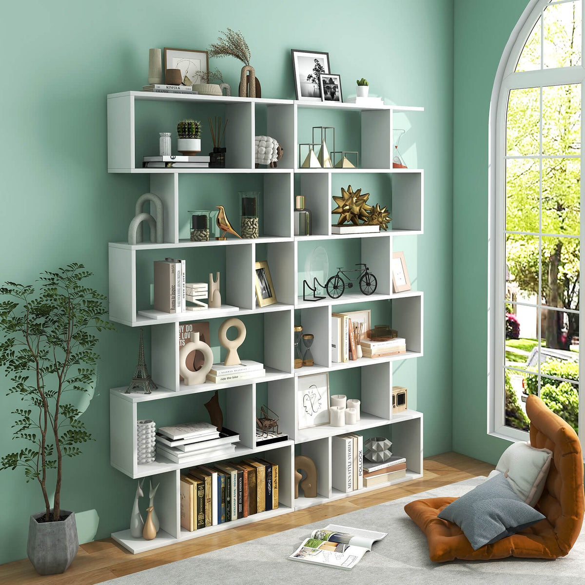 6 Tier S-Shaped Bookshelf Storage Display Bookcase Decor Z-Shelf-White view 2