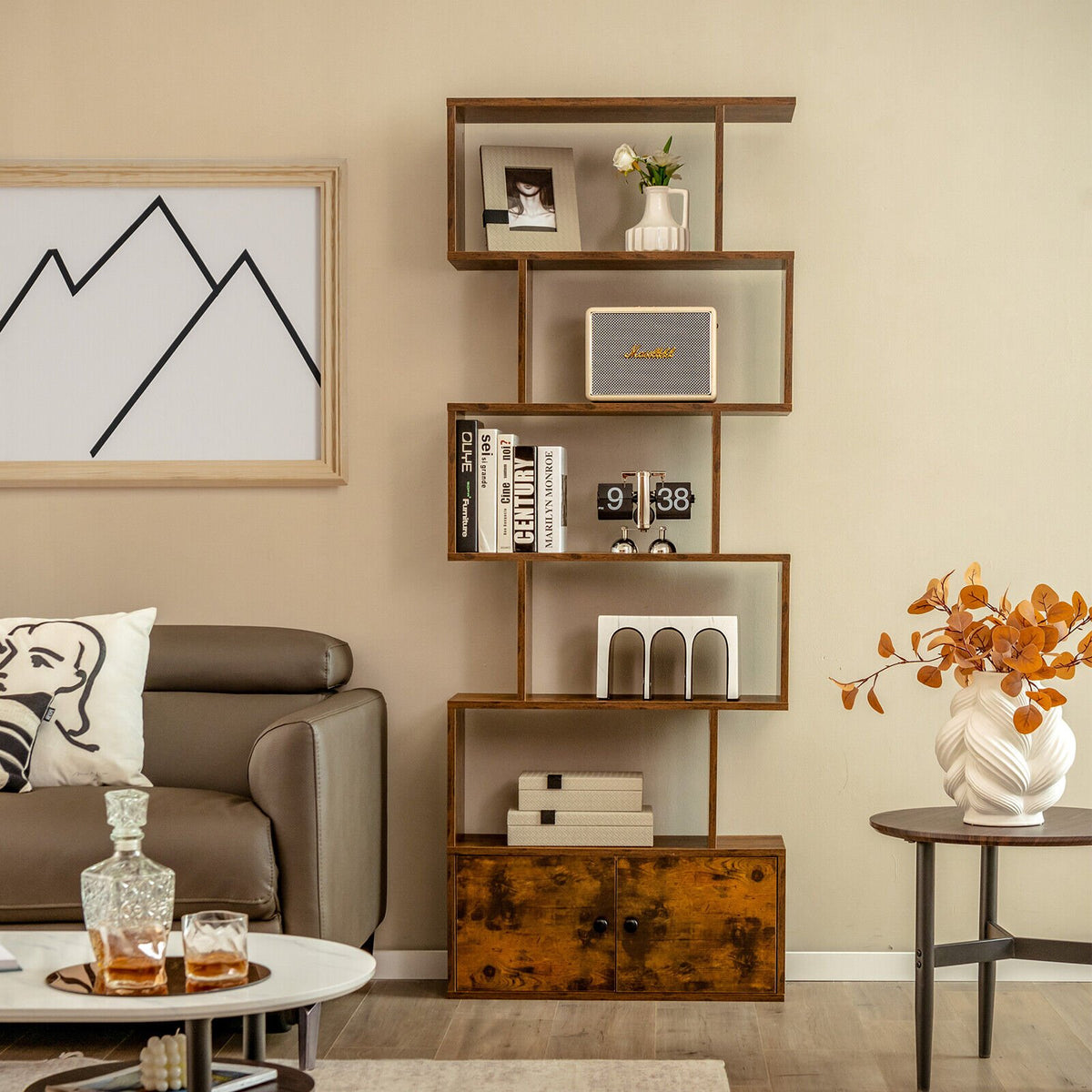 6-Tier S-Shaped Freestanding Bookshelf with Cabinet and Doors-Coffee view 2