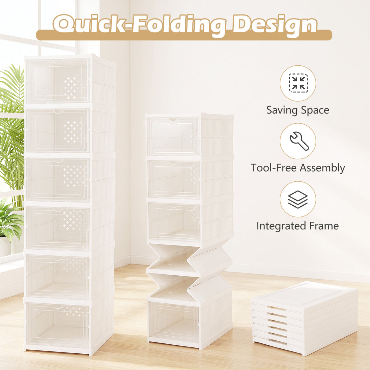 6-Tier Shoe Organizer Set of 2 with Clear Doors and Portable Design for 12 Pairs-White view 8