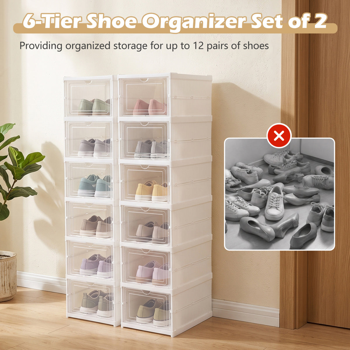6-Tier Shoe Organizer Set of 2 with Clear Doors and Portable Design for 12 Pairs-White view 9