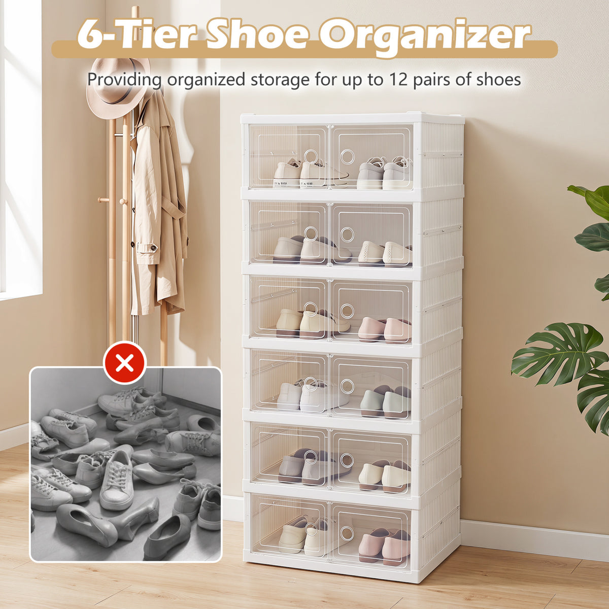 6-Tier Shoe Organizer with Clear Doors and Portable Design for 12 Pairs-White view 8
