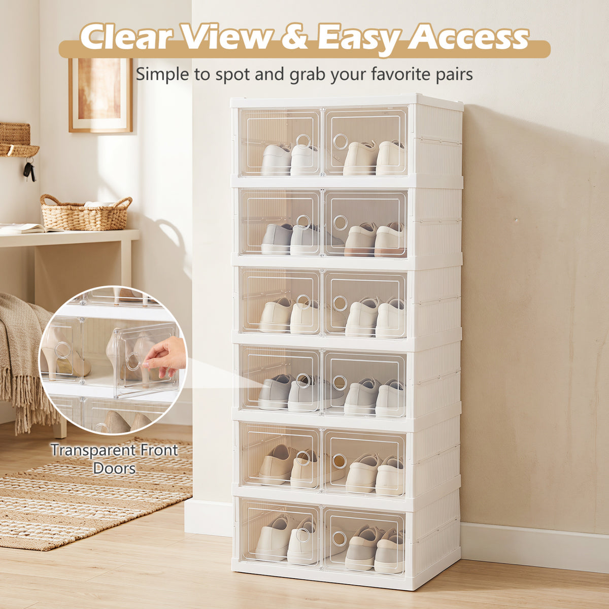 6-Tier Shoe Organizer with Clear Doors and Portable Design for 12 Pairs-White view 9
