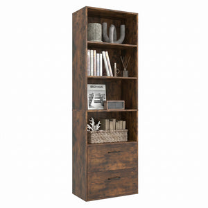 6-Tier Tall Freestanding Bookshelf with 4 Open Shelves and 2 Drawers-Rustic Brown
