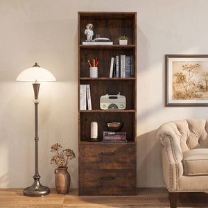 6-Tier Tall Freestanding Bookshelf with 4 Open Shelves and 2 Drawers-Rustic Brown view 2