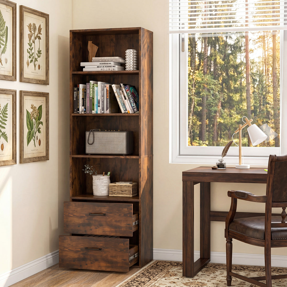 6-Tier Tall Freestanding Bookshelf with 4 Open Shelves and 2 Drawers-Rustic Brown view 3