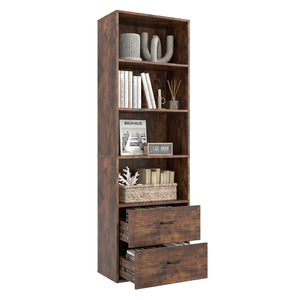 6-Tier Tall Freestanding Bookshelf with 4 Open Shelves and 2 Drawers-Rustic Brown view 4