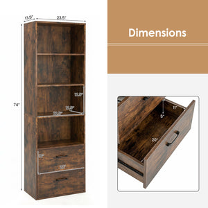 6-Tier Tall Freestanding Bookshelf with 4 Open Shelves and 2 Drawers-Rustic Brown view 5