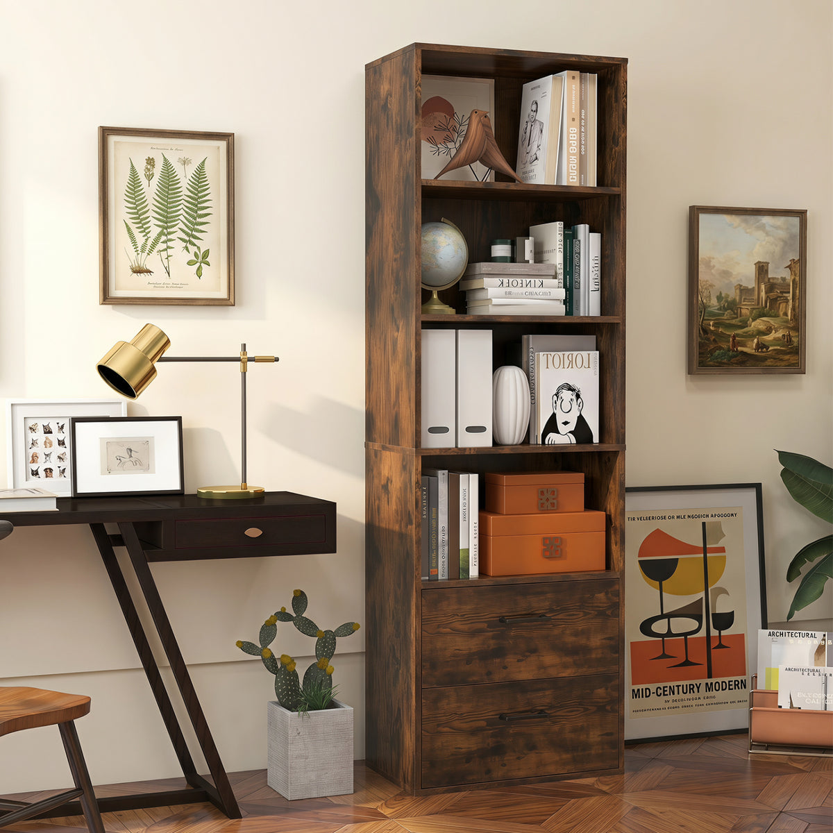 6-Tier Tall Freestanding Bookshelf with 4 Open Shelves and 2 Drawers-Rustic Brown view 6