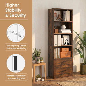 6-Tier Tall Freestanding Bookshelf with 4 Open Shelves and 2 Drawers-Rustic Brown view 9