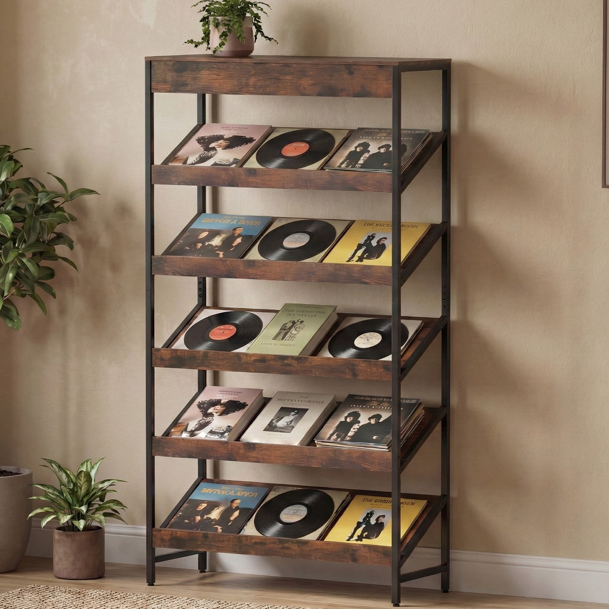 6-Tier Tall Freestanding Bookshelf with Angled Shelves for Home Office-Rustic Brown view 2