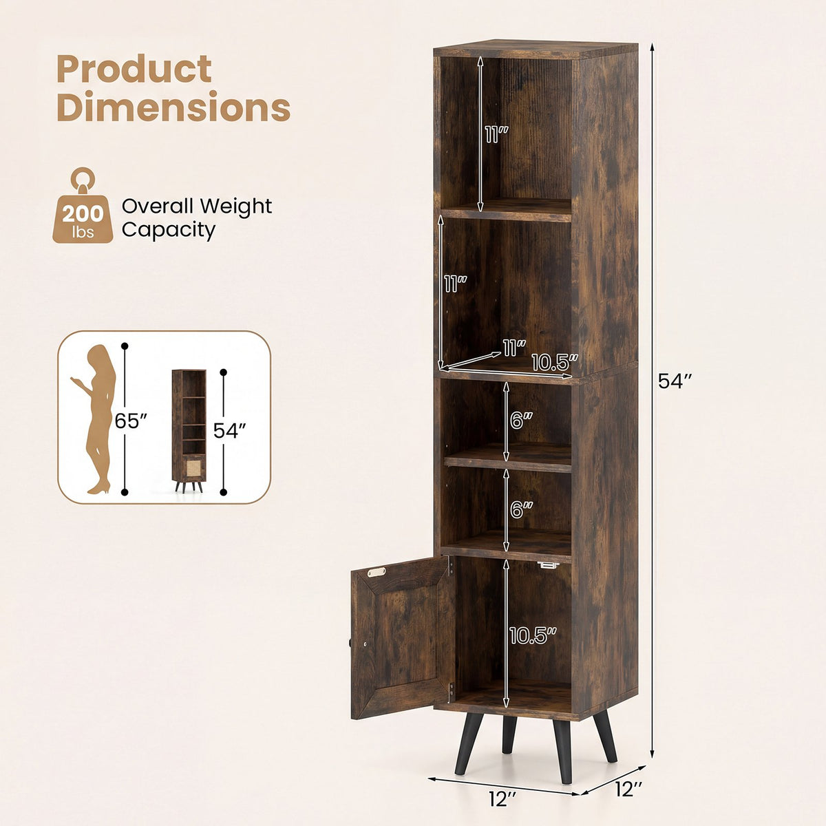 6-Tier Tall Narrow Bookcase 54 Inches Slim Storage Cabinet-Rustic Brown view 4