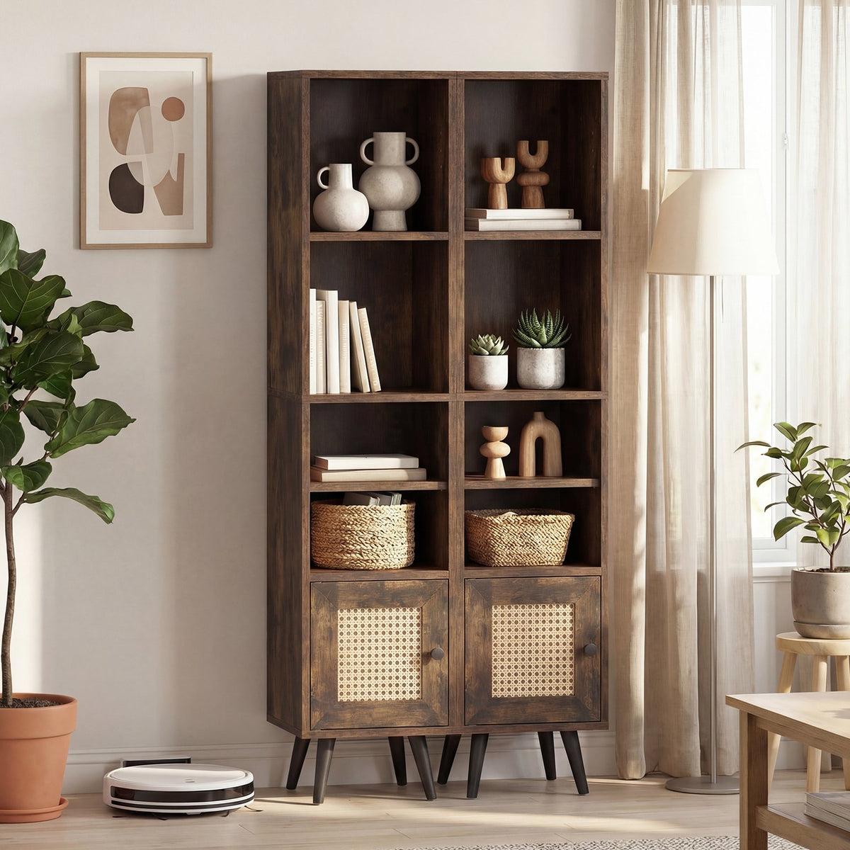 6-Tier Tall Narrow Bookcase 54 Inches Slim Storage Cabinet-Rustic Brown view 6