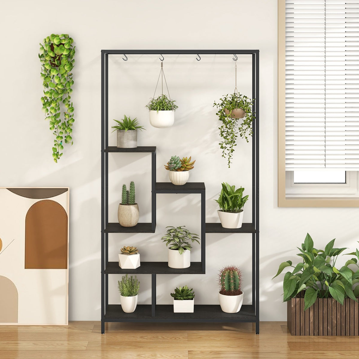 6-Tier Tall Plant Stand 71 Inch Metal Indoor Plant Shelf with 10 Hanging Hooks-Black view 2
