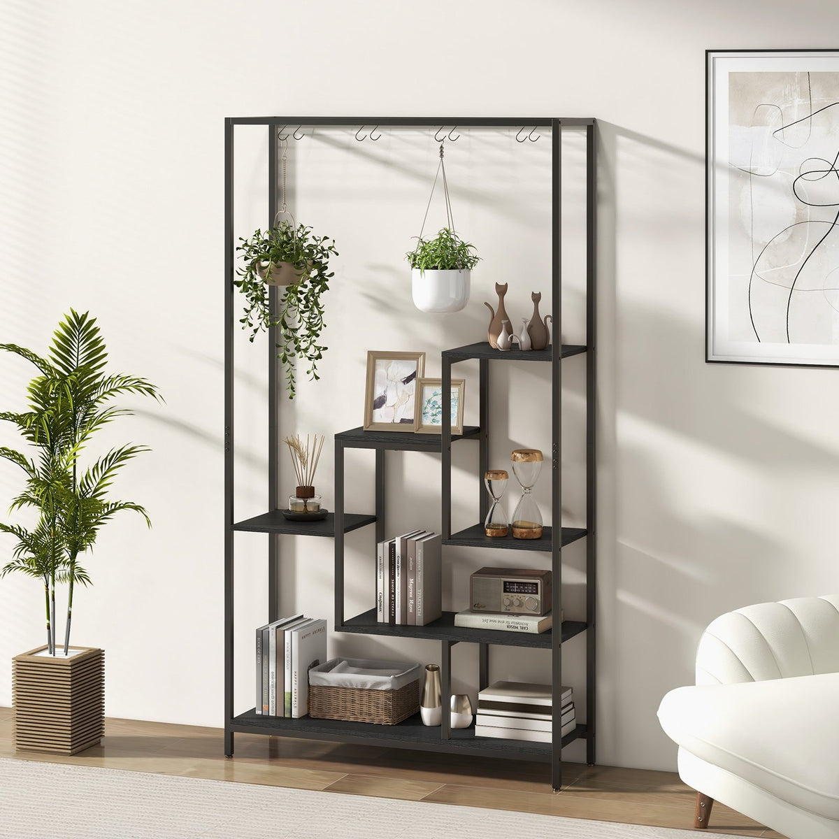 6-Tier Tall Plant Stand 71 Inch Metal Indoor Plant Shelf with 10 Hanging Hooks-Black view 3
