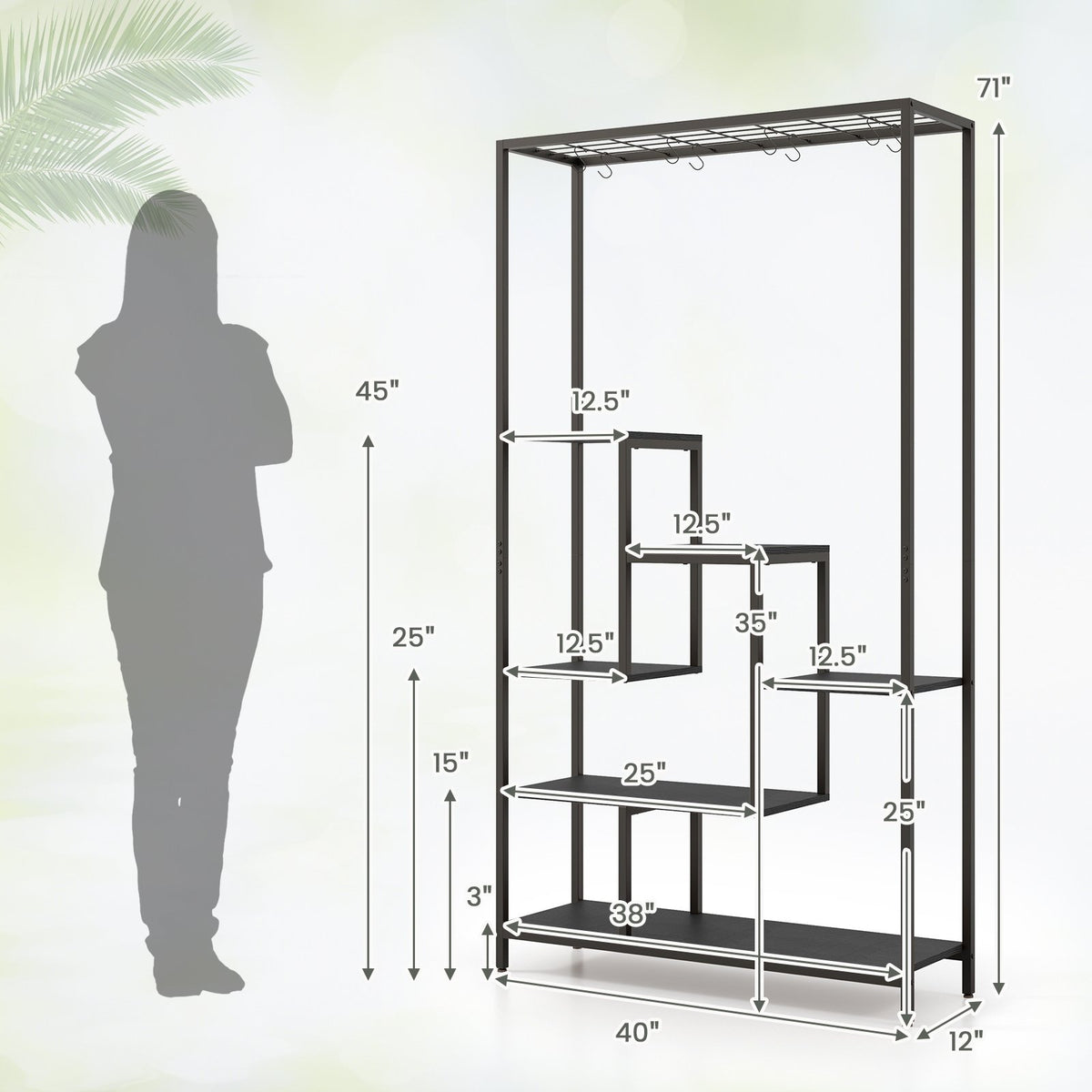 6-Tier Tall Plant Stand 71 Inch Metal Indoor Plant Shelf with 10 Hanging Hooks-Black view 4