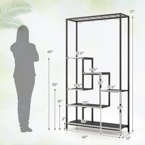 6-Tier Tall Plant Stand 71 Inch Metal Indoor Plant Shelf with 10 Hanging Hooks-Black view 4
