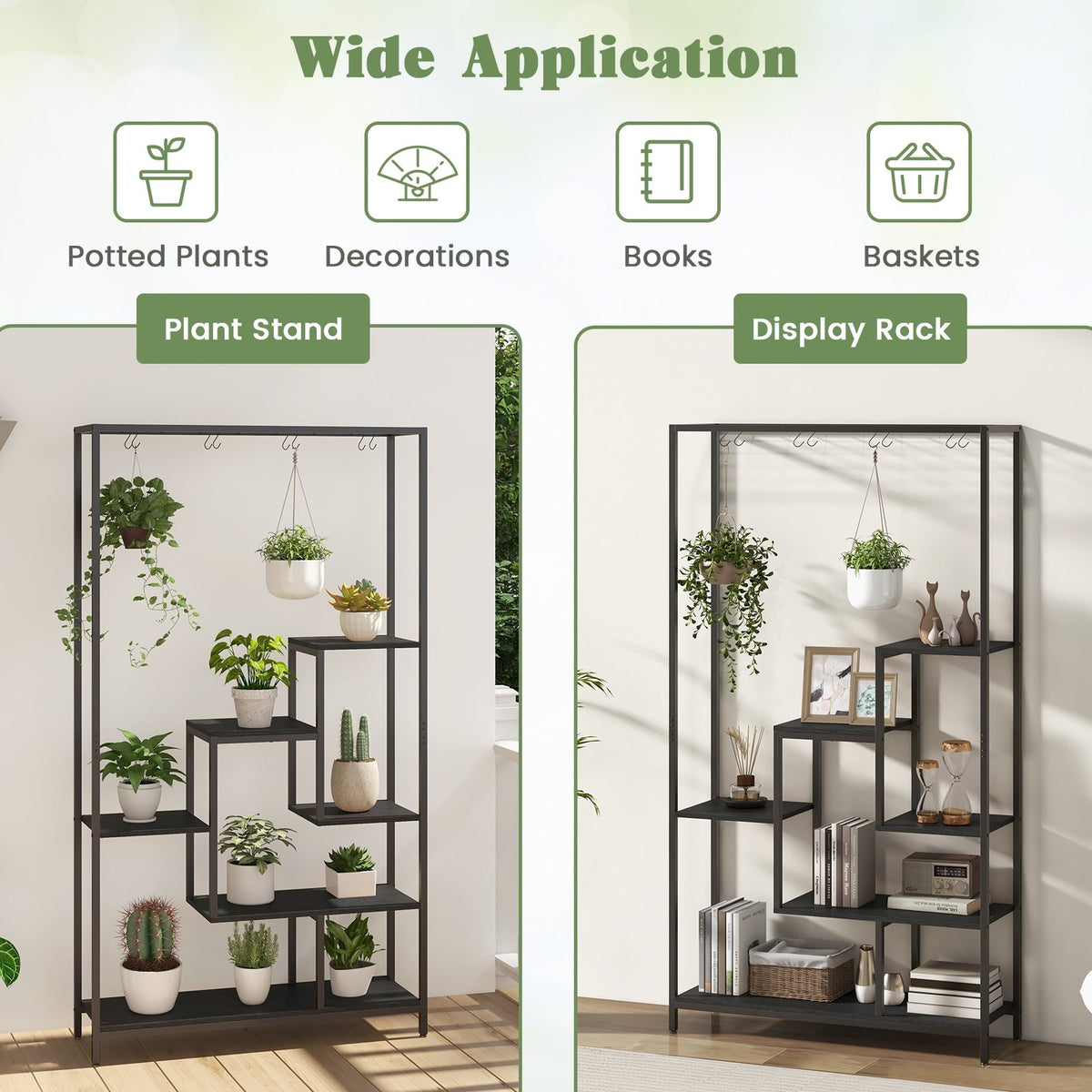 6-Tier Tall Plant Stand 71 Inch Metal Indoor Plant Shelf with 10 Hanging Hooks-Black view 6